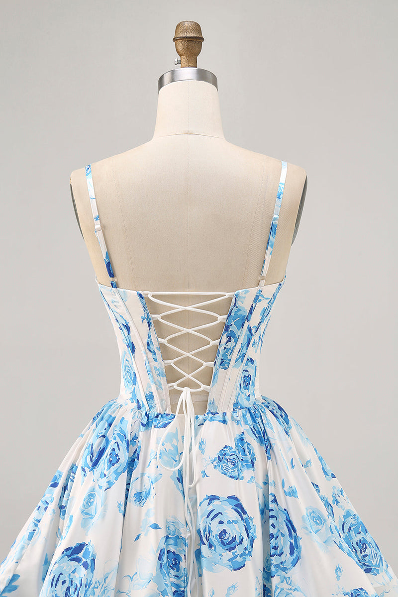 Load image into Gallery viewer, White and Blue Floral Satin Ruched Short Corset Prom Dress
