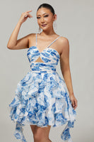 Load image into Gallery viewer, White and Blue Floral Ruched Ruffled Short Prom Dress with Pearls