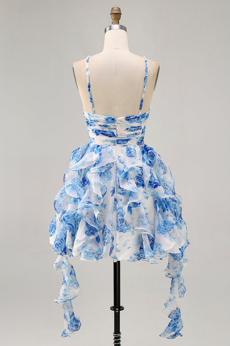 Load image into Gallery viewer, White and Blue Floral Ruched Ruffled Short Prom Dress with Pearls
