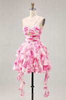 Load image into Gallery viewer, White and Fuchsia Ruched Ruffled Short Floral Prom Dress with Pearls