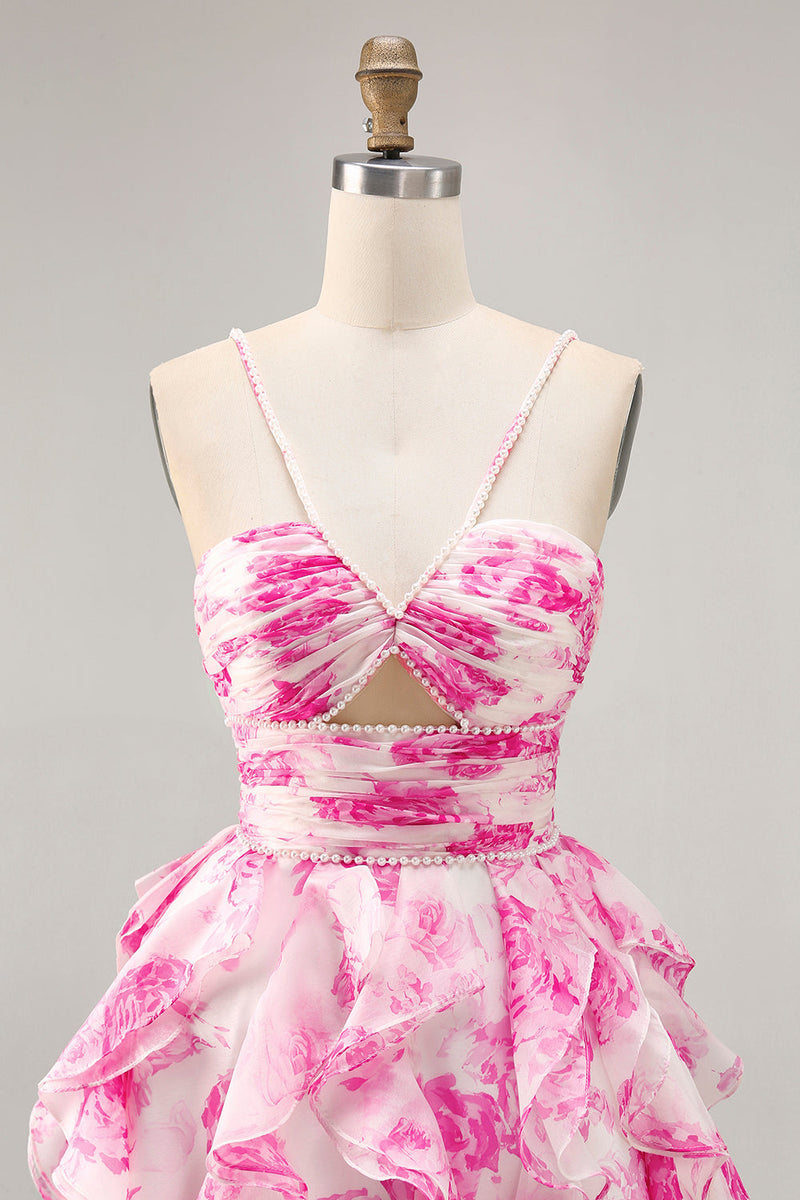 Load image into Gallery viewer, White and Fuchsia Ruched Ruffled Short Floral Prom Dress with Pearls