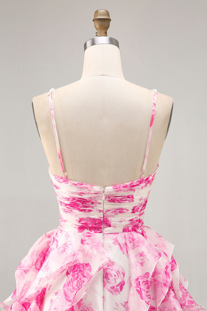 Load image into Gallery viewer, White and Fuchsia Ruched Ruffled Short Floral Prom Dress with Pearls