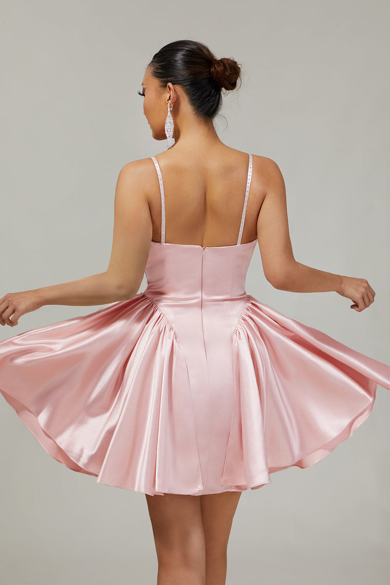 Load image into Gallery viewer, Sparkly Blush A Line Satin Short Prom Dress with Beading