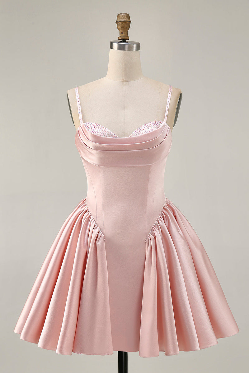 Load image into Gallery viewer, Sparkly Blush A Line Satin Short Prom Dress with Beading