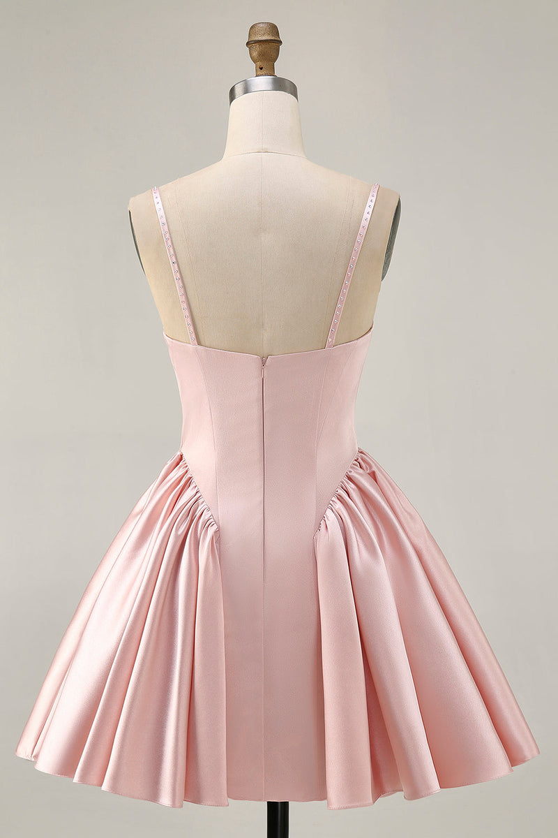 Load image into Gallery viewer, Sparkly Blush A Line Satin Short Prom Dress with Beading