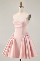 Load image into Gallery viewer, Sparkly Blush A Line Satin Short Prom Dress with Beading