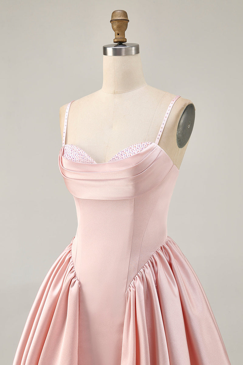 Load image into Gallery viewer, Sparkly Blush A Line Satin Short Prom Dress with Beading