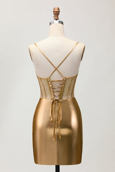 Sparkly Golden Corset Metallic Ruched Tight Short Prom Dress with Beading