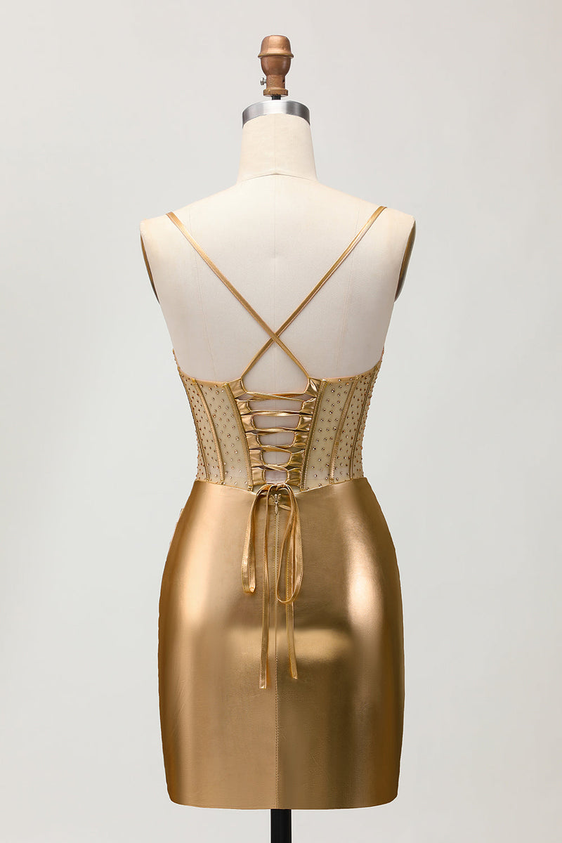 Load image into Gallery viewer, Sparkly Golden Corset Metallic Ruched Tight Short Prom Dress with Beading
