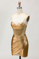Load image into Gallery viewer, Sparkly Golden Corset Metallic Ruched Tight Short Prom Dress with Beading