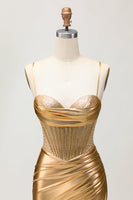 Load image into Gallery viewer, Sparkly Golden Corset Metallic Ruched Tight Short Prom Dress with Beading