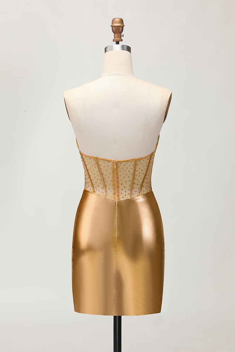 Load image into Gallery viewer, Sparkly Golden Tight Metallic Short Corset Prom Dress