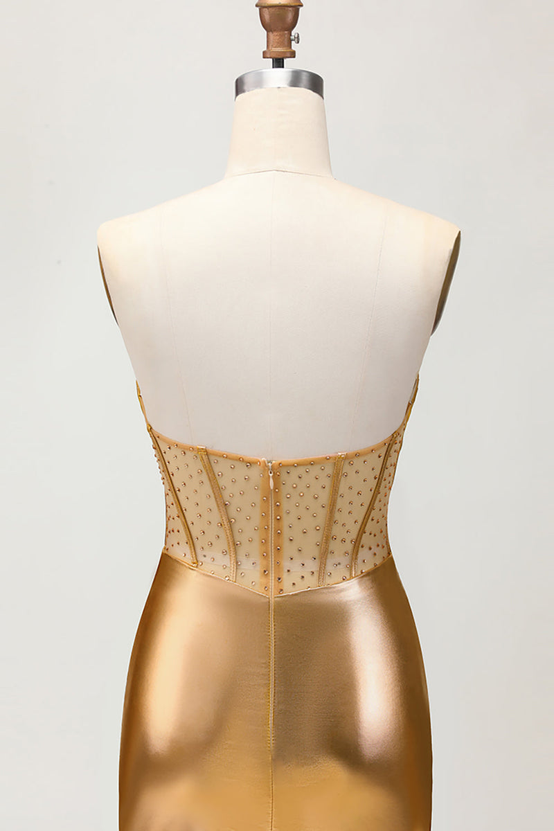 Load image into Gallery viewer, Sparkly Golden Tight Metallic Short Corset Prom Dress