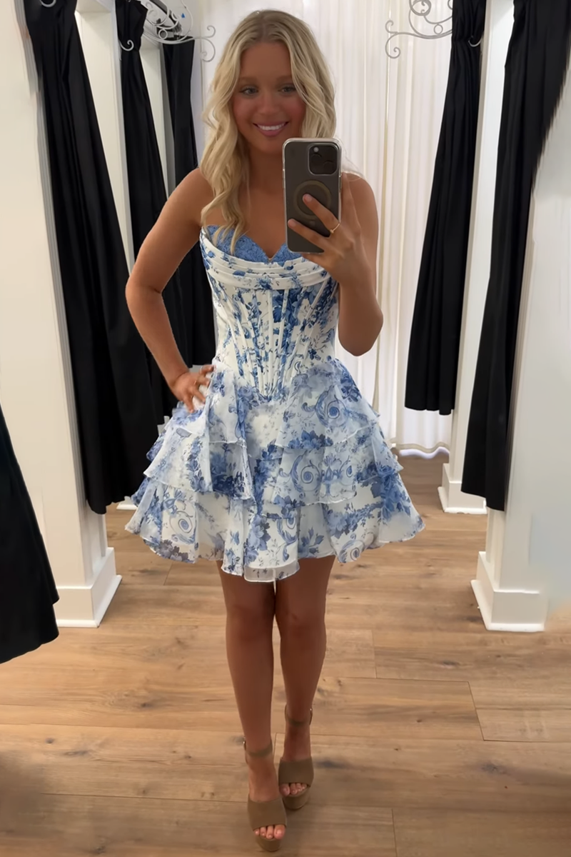 Load image into Gallery viewer, White Blue A Line Floral Short Corset Prom Dress with Ruffles