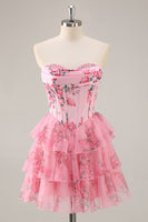 Load image into Gallery viewer, White and Blue Floral Sweetheart Corset Short Prom Dress with Ruffles