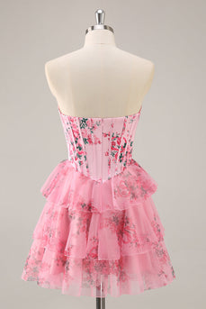 Pink Floral Sweetheart Corset Tiered Short Prom Dress with Ruffles