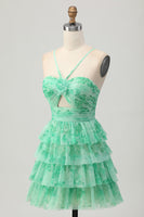 Load image into Gallery viewer, Green Ruffled Floral Short Prom Dress with Keyhole