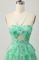 Load image into Gallery viewer, Green Ruffled Floral Short Prom Dress with Keyhole