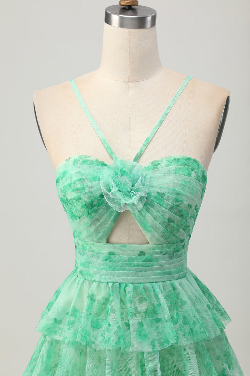 Load image into Gallery viewer, Green Ruffled Floral Short Prom Dress with Keyhole