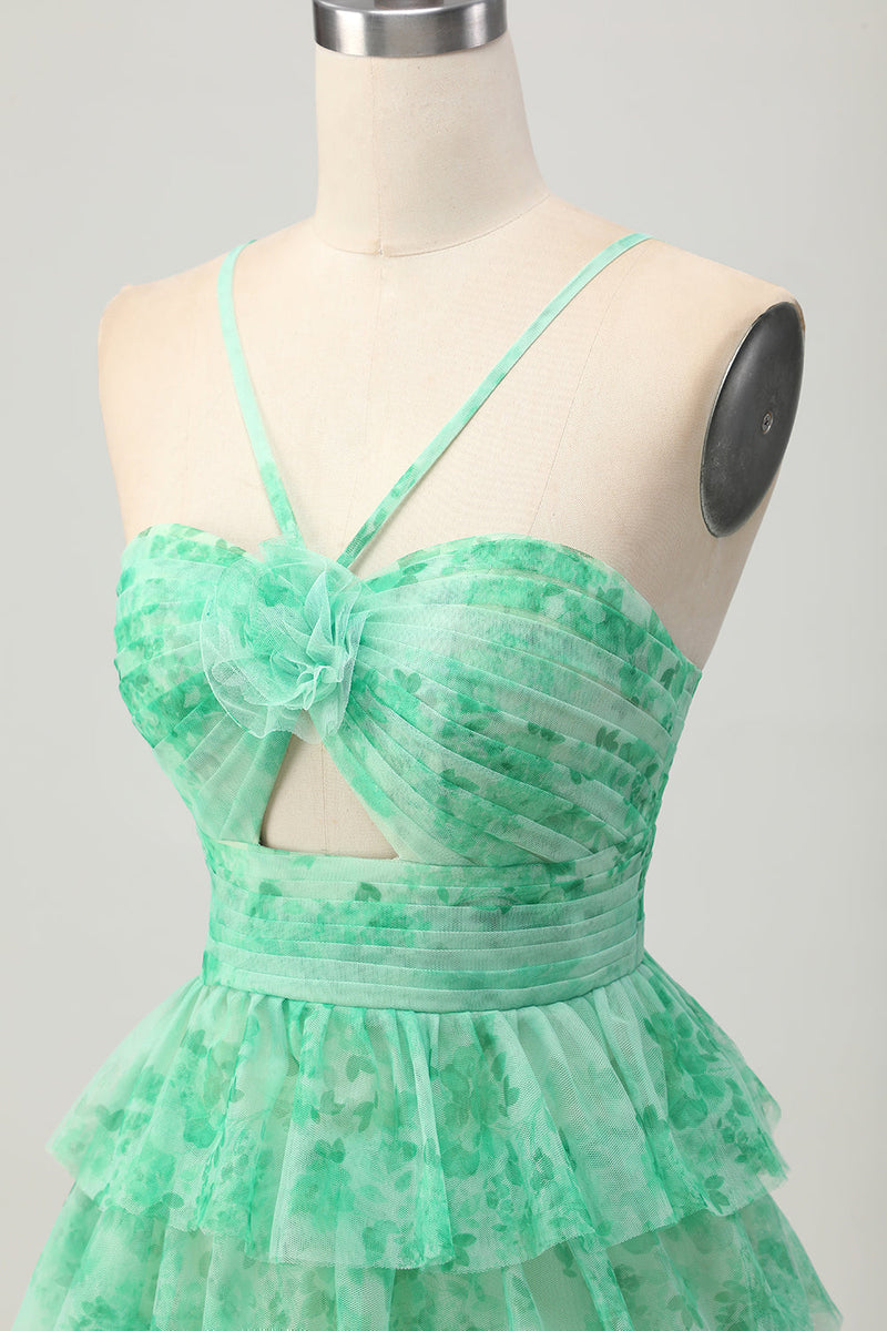 Load image into Gallery viewer, Green Ruffled Floral Short Prom Dress with Keyhole