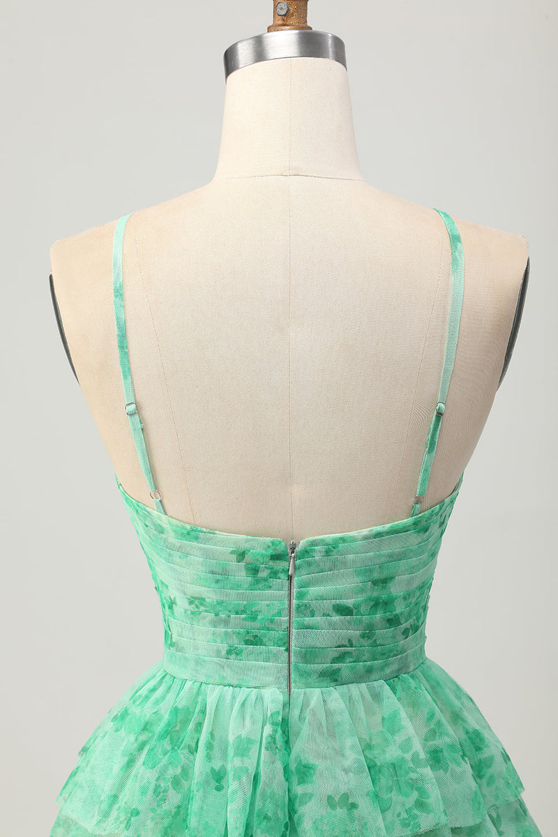 Load image into Gallery viewer, Green Ruffled Floral Short Prom Dress with Keyhole