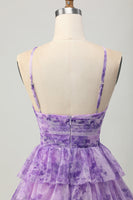 Load image into Gallery viewer, Purple Ruffled Floral Short Prom Dress with Keyhole