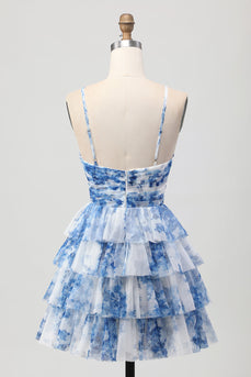 White and Blue Ruffled Floral Short Prom Dress with Keyhole