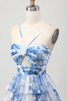 Load image into Gallery viewer, White and Blue Ruffled Floral Short Prom Dress with Keyhole