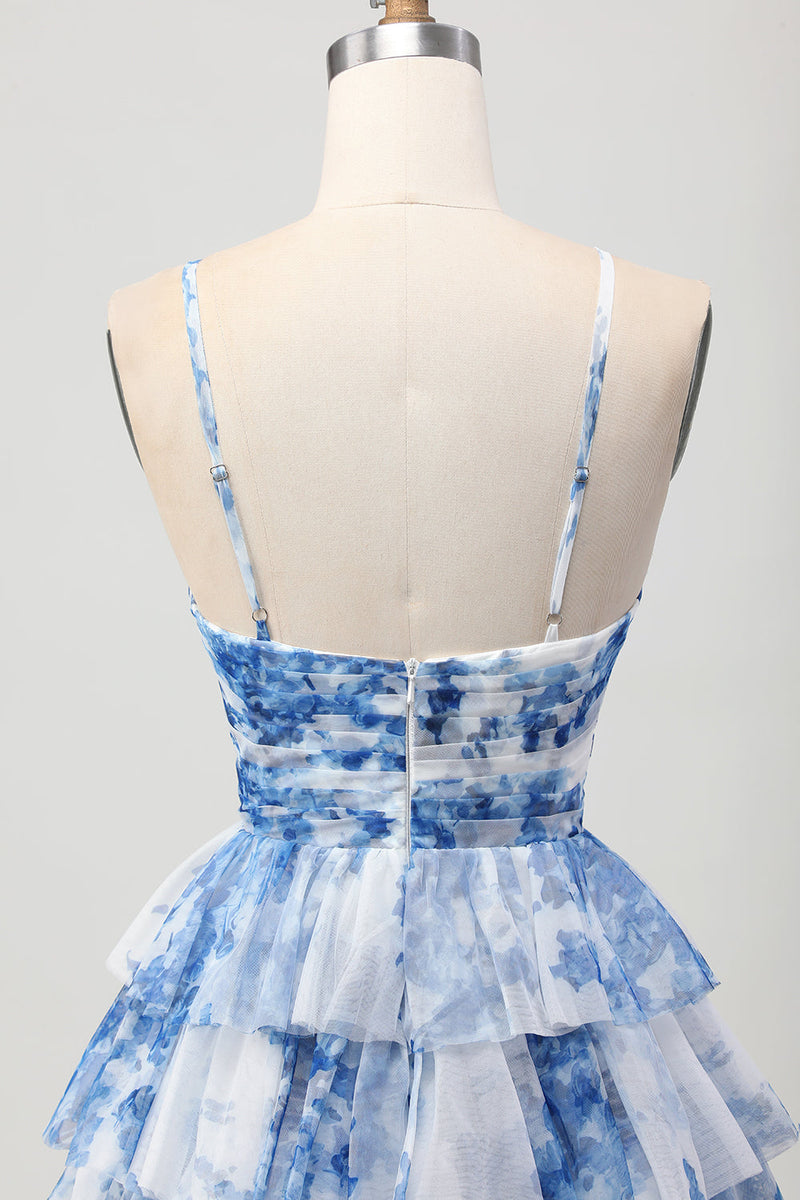 Load image into Gallery viewer, White and Blue Ruffled Floral Short Prom Dress with Keyhole