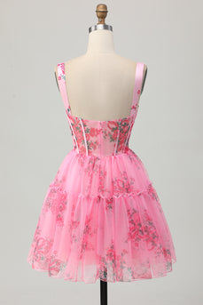 Pink Floral A Line Corset Short Prom Dress with Ruffles