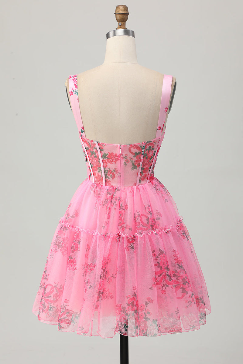 Load image into Gallery viewer, Pink Floral A Line Corset Short Prom Dress with Ruffles
