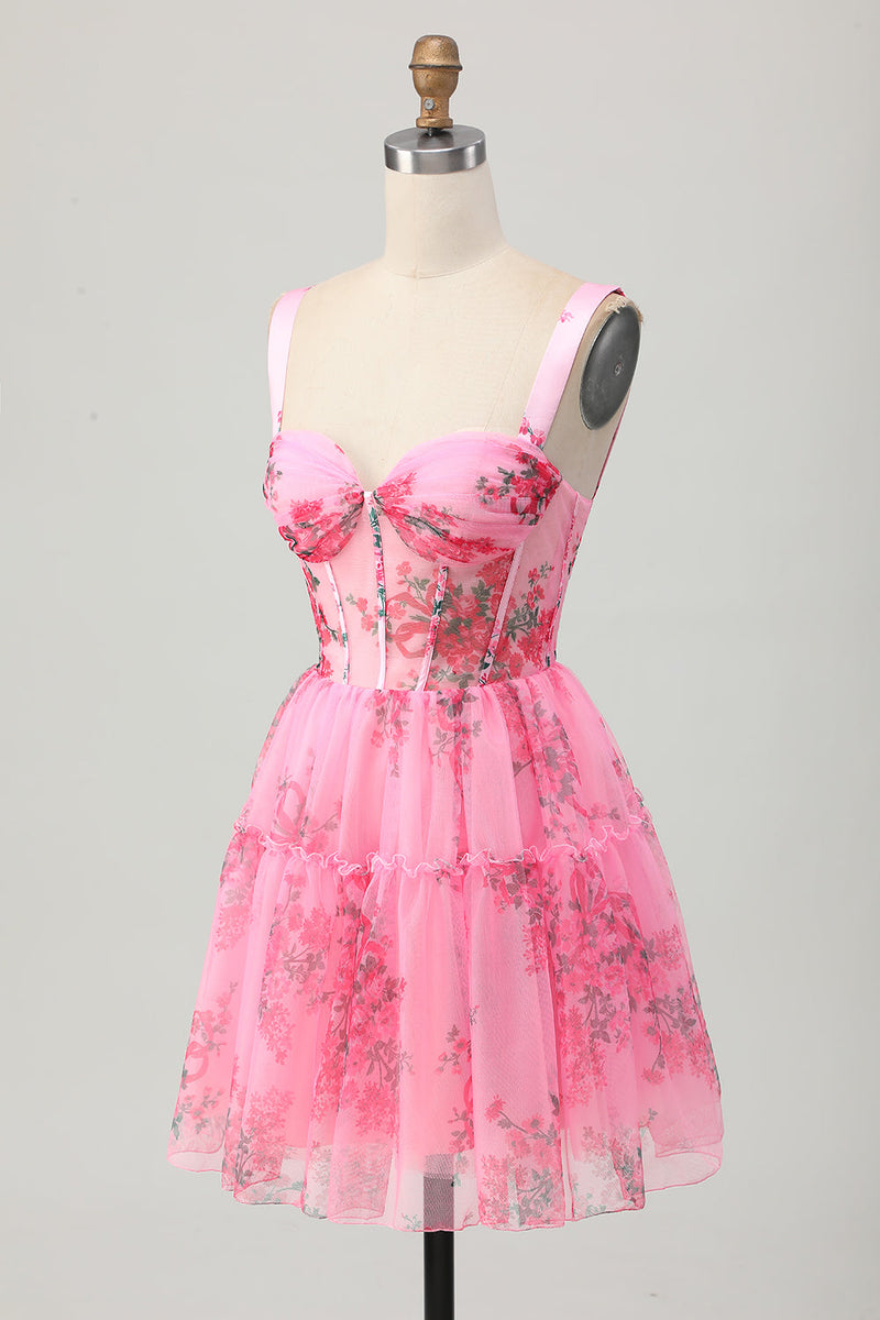 Load image into Gallery viewer, Pink Floral A Line Corset Short Prom Dress with Ruffles
