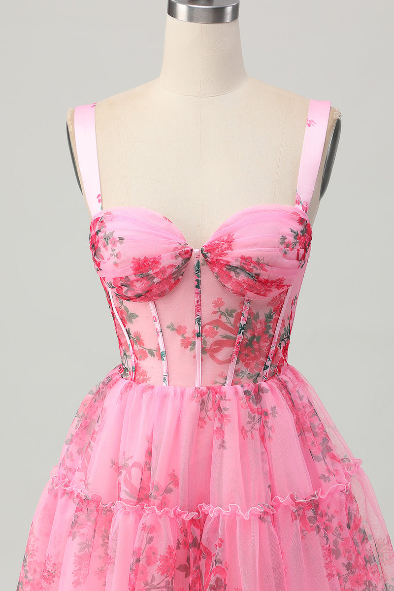 Load image into Gallery viewer, Pink Floral A Line Corset Short Prom Dress with Ruffles