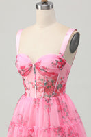 Load image into Gallery viewer, Pink Floral A Line Corset Short Prom Dress with Ruffles