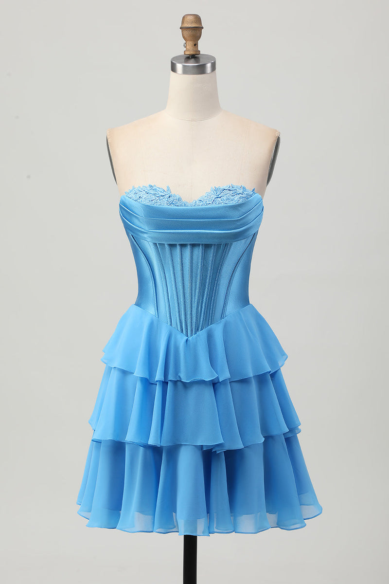 open lace back dress Queendancer Women Blue Corset Short Prom Dress with Appliques Sweetheart A  Line Ruched Tiered Cocktail Dress with Ruffles – queendanceruk