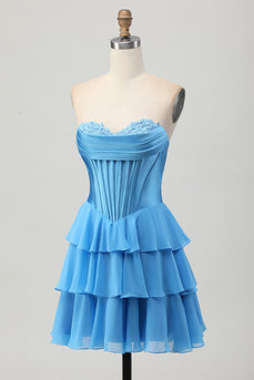 Blue Corset Sweetheart Ruched Short Prom Dress with Appliques
