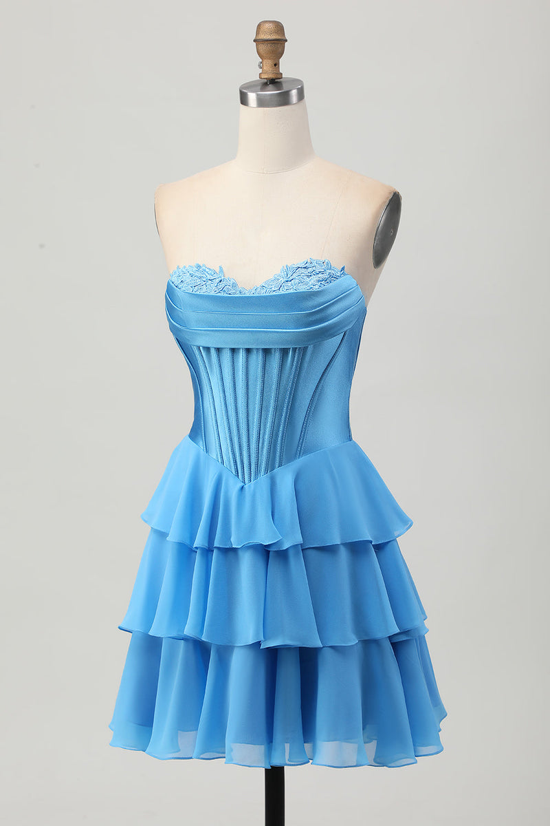 Load image into Gallery viewer, Blue Corset Sweetheart Ruched Short Prom Dress with Appliques