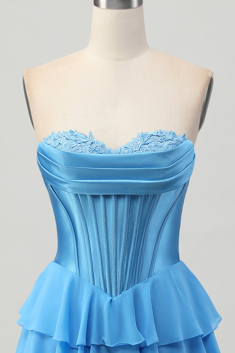 Load image into Gallery viewer, Blue Corset Sweetheart Ruched Short Prom Dress with Appliques