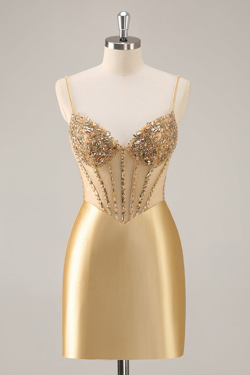 Load image into Gallery viewer, Sparkly Golden Corset Satin Tight Short Prom Dress with Rhinestones