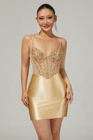 Load image into Gallery viewer, Sparkly Golden Corset Satin Tight Short Prom Dress with Rhinestones