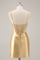 Load image into Gallery viewer, Sparkly Golden Corset Satin Tight Short Prom Dress with Rhinestones