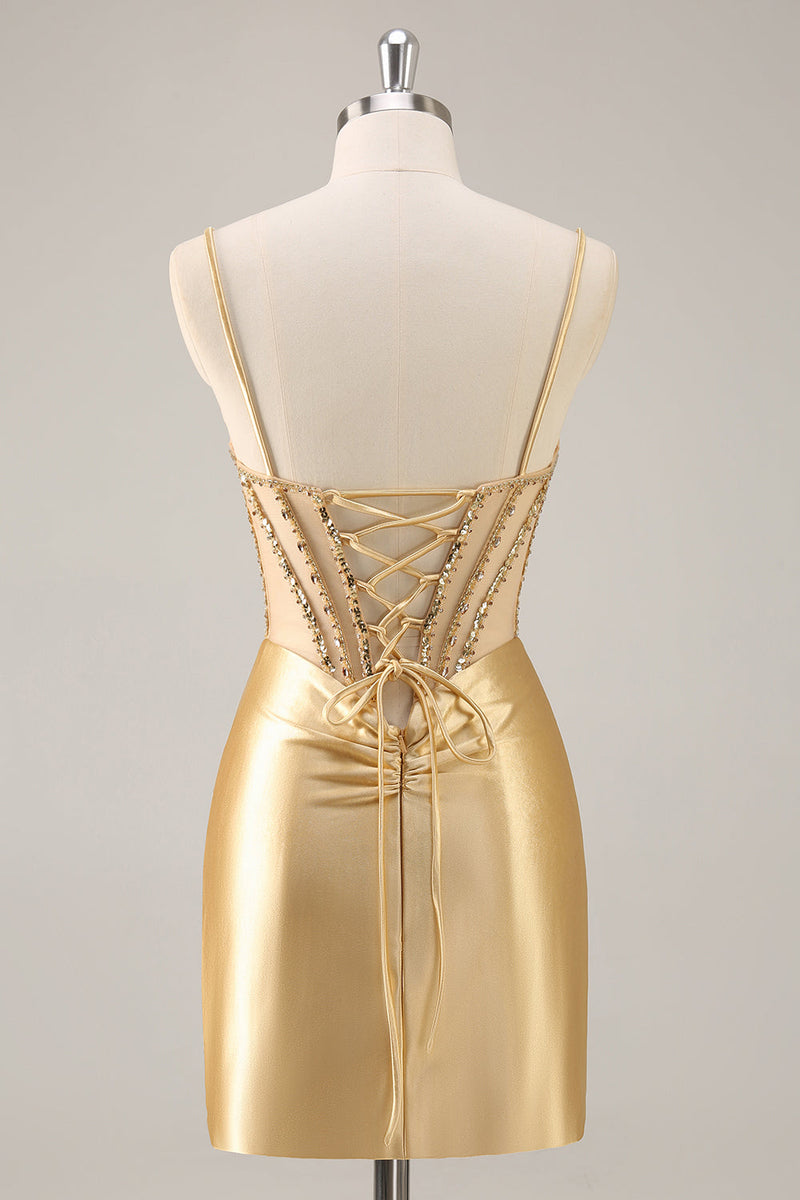Load image into Gallery viewer, Sparkly Golden Corset Satin Tight Short Prom Dress with Rhinestones