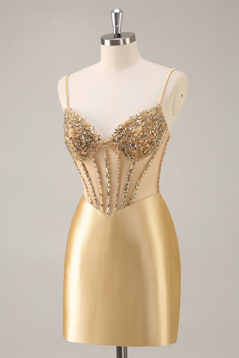 Load image into Gallery viewer, Sparkly Golden Corset Satin Tight Short Prom Dress with Rhinestones
