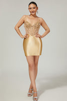 Load image into Gallery viewer, Sparkly Golden Corset Satin Tight Short Prom Dress with Rhinestones