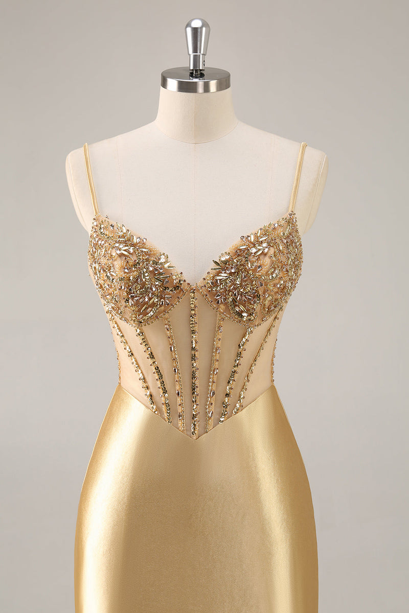 Load image into Gallery viewer, Sparkly Golden Corset Satin Tight Short Prom Dress with Rhinestones