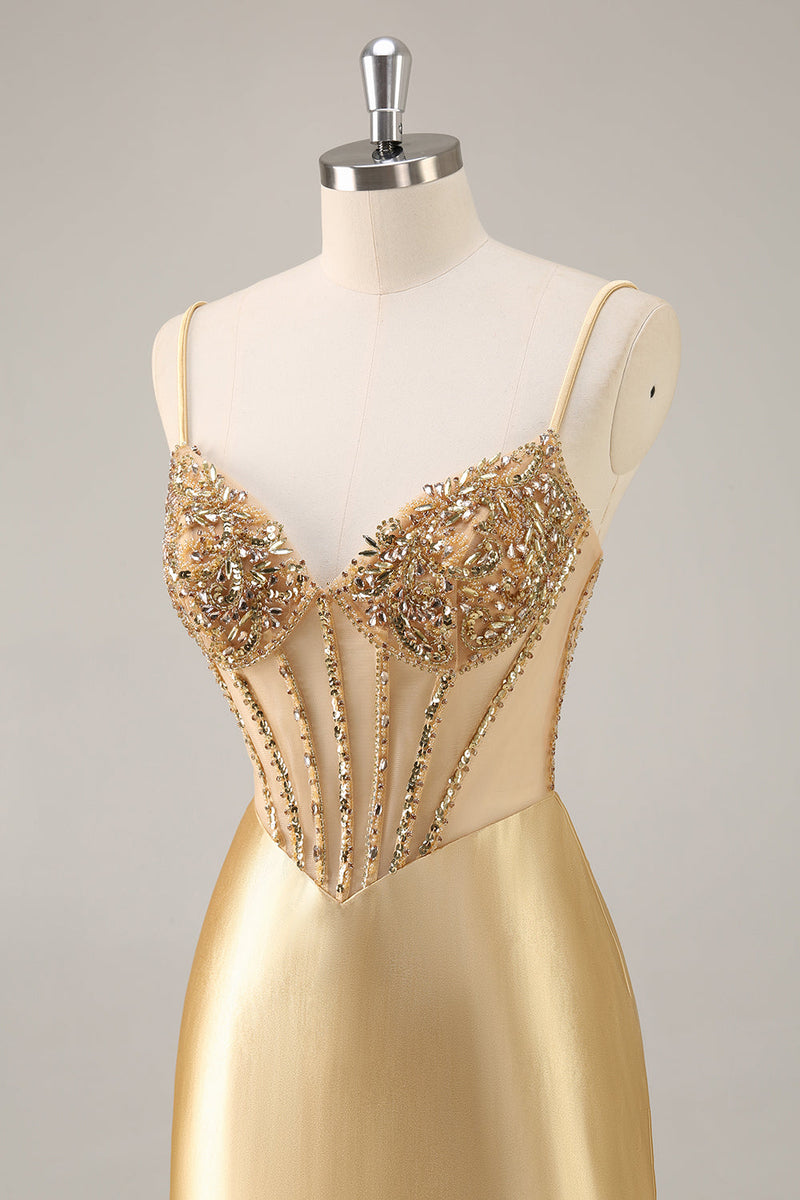 Load image into Gallery viewer, Sparkly Golden Corset Satin Tight Short Prom Dress with Rhinestones