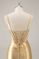 Load image into Gallery viewer, Sparkly Golden Corset Satin Tight Short Prom Dress with Rhinestones