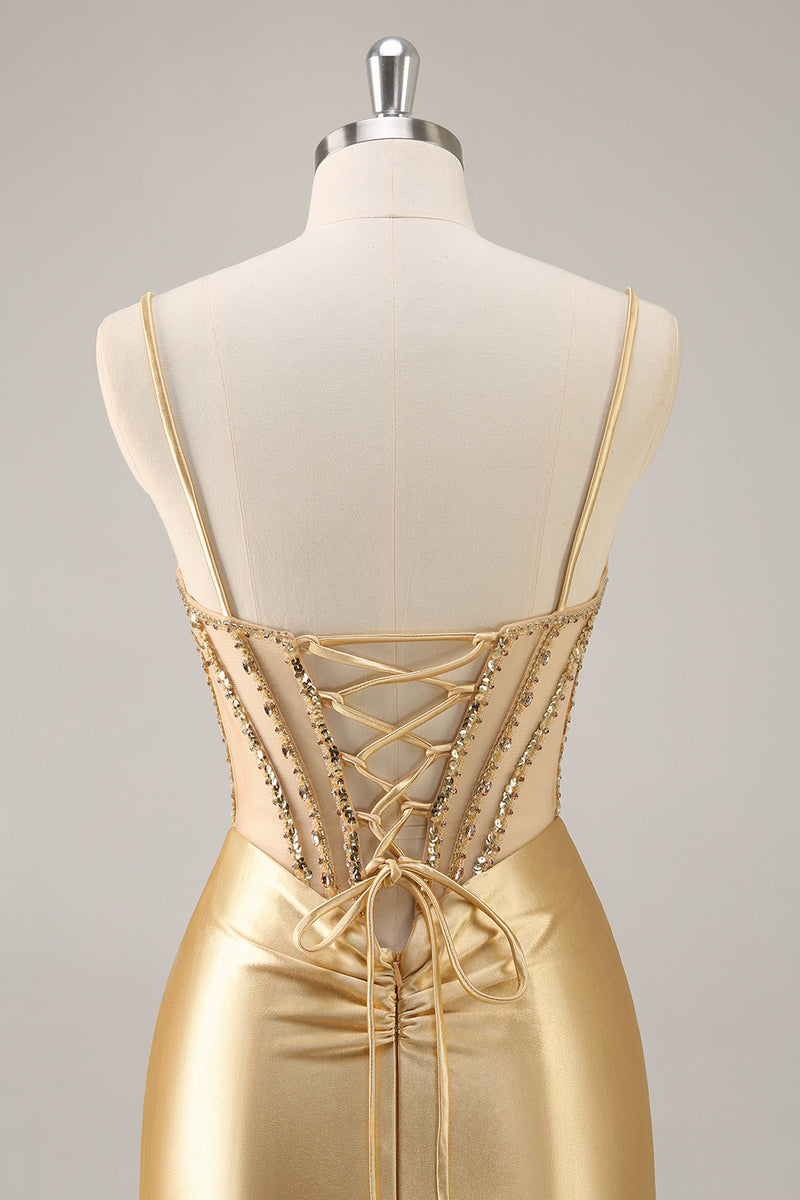 Load image into Gallery viewer, Sparkly Golden Corset Satin Tight Short Prom Dress with Rhinestones
