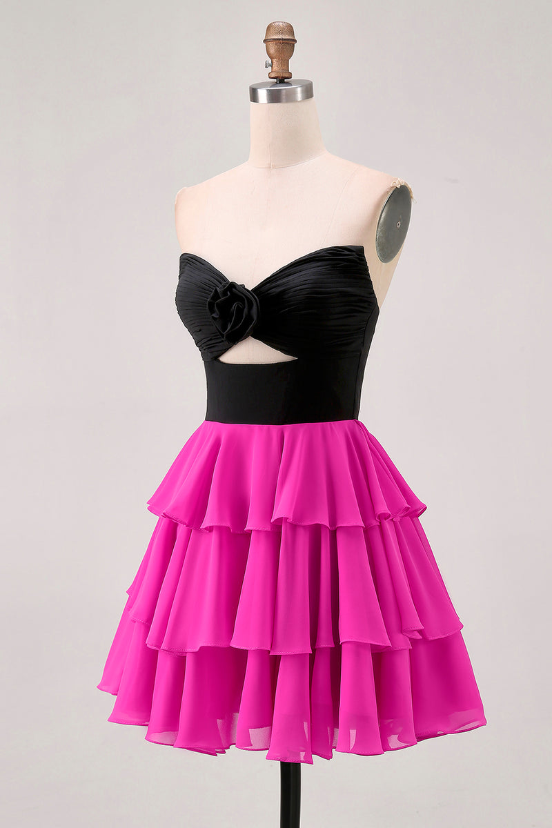 Load image into Gallery viewer, Black and Fuchsia Keyhole Short Floral Prom Dress with Ruffles
