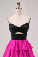 Load image into Gallery viewer, Black and Fuchsia Keyhole Short Floral Prom Dress with Ruffles